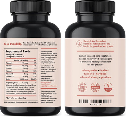 Nuven Naturals Hair Supplements - Biotin 10,000 µg with Vitamin A, E, C, D & Adaptogens - 60 Capsules