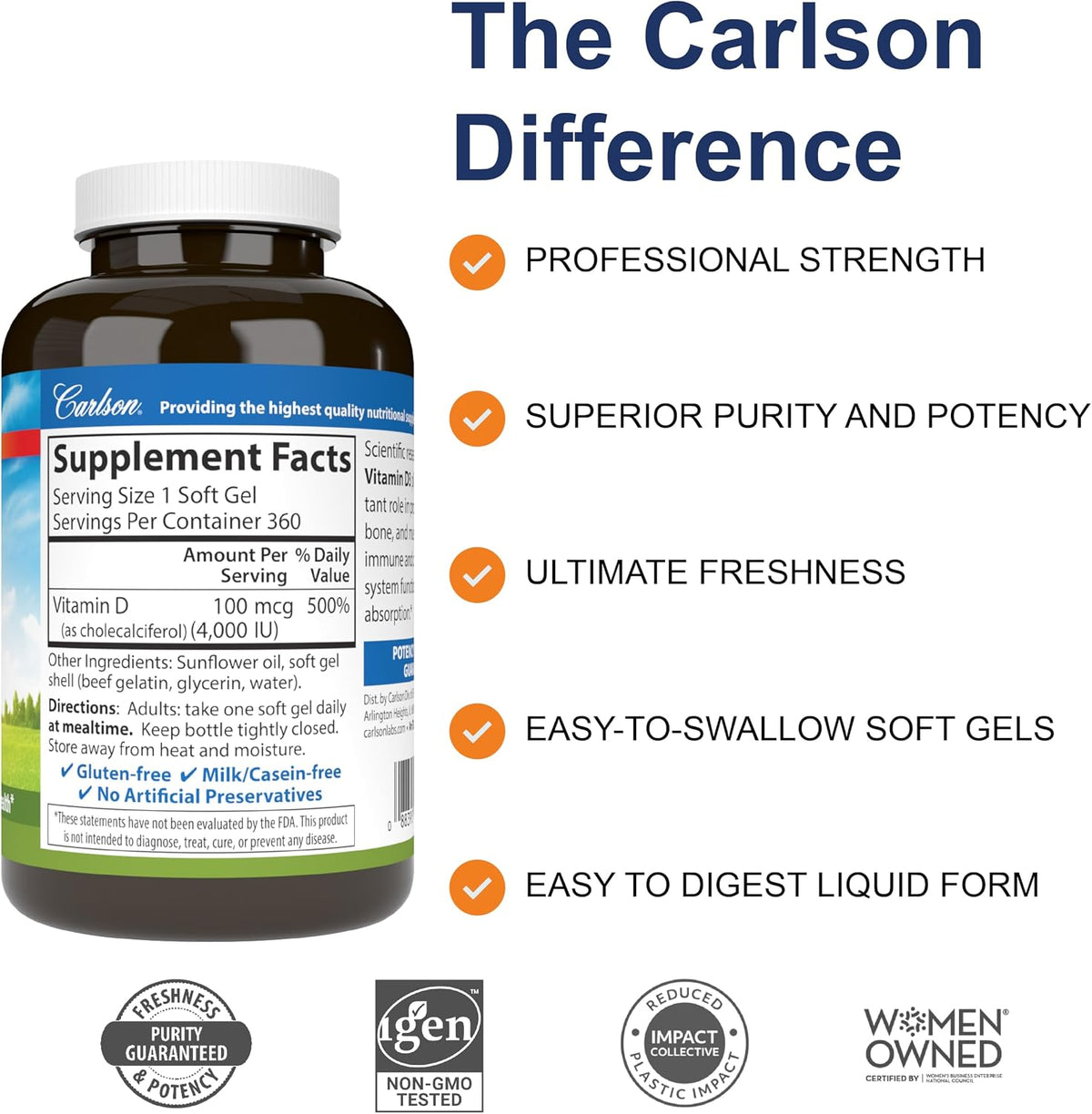 Carlson Vitamin D3 4000 IU (100 mcg) – Bone and Immune Health Supplement, 360 Softgels - görsel 2