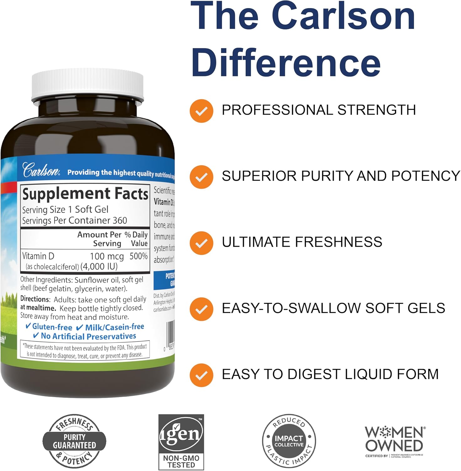 Carlson Vitamin D3 4000 IU (100 mcg) – Bone and Immune Health Supplement, 360 Softgels - görsel 2