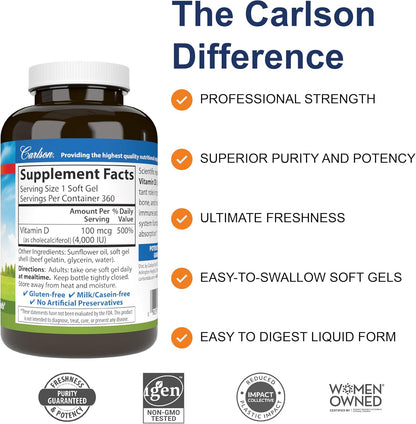 Carlson Vitamin D3 4000 IU (100 mcg) – Bone and Immune Health Supplement, 360 Softgels