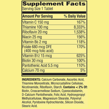 Super Vitamin B Complex - Tablets with B6, B12, C, Thiamine, Biotin, Folate, Pantothenic Acid, Riboflavin (100 Count)