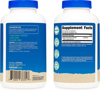 Nutricost Organic Beet Root 2400mg, 180 Capsules - CCOF Certified