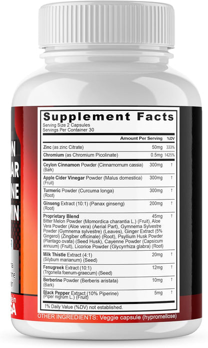 Vitamax Gluco Health Support - 16-in-1 Herbal Blend with Ceylon Cinnamon, ACV, Turmeric - 60 Capsules