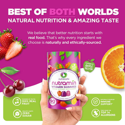 NUTRAMIN Daily Vegan Keto Multivitamin Gummies - Non-GM, Sugar-Free, Plant-Based Immunity Support with Vitamin C, D & Zinc – 90 Count (45 Days)