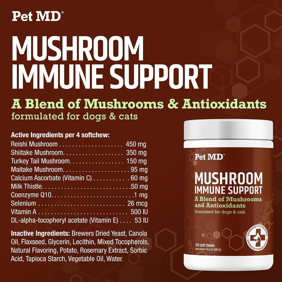 Pet MD Mushroom Immune Support for Dogs & Cats - Turkey Tail, Shiitake, Milk Thistle & CoQ10 Supplement - 120 Soft Chews - görsel 5