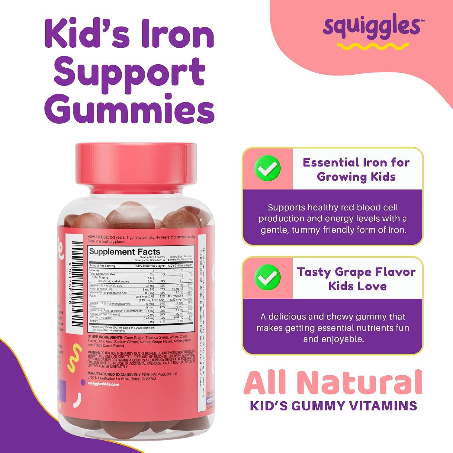 Squiggles Children's Daily Iron+ Gummies - Low Sugar, Vegan, Grape Flavour (100 Count) - görsel 5