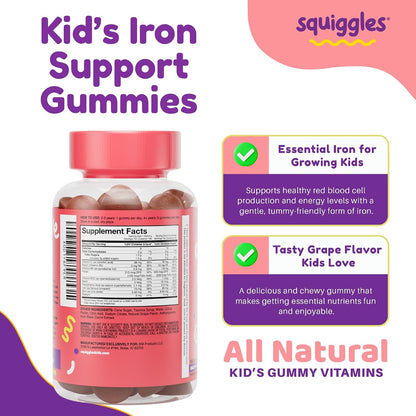 Squiggles Children's Daily Iron+ Gummies - Low Sugar, Vegan, Grape Flavour (100 Count)