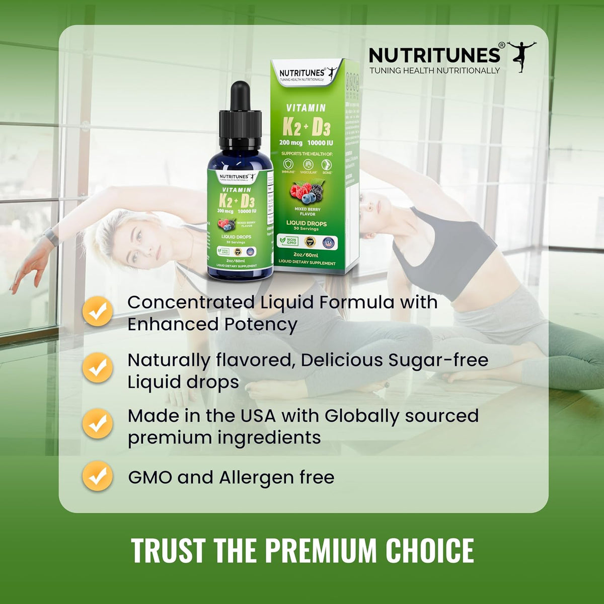 Nutritunes K2 D3 Liquid Drops - Vitamin D3 10,000 IU & Vitamin K2 200 mcg, Mixed Berry, 60 ml - görsel 4