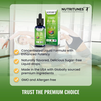 Nutritunes K2 D3 Liquid Drops - Vitamin D3 10,000 IU & Vitamin K2 200 mcg, Mixed Berry, 60 ml