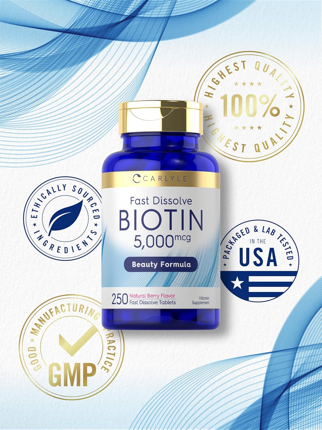 Carlyle Biotin 5000mcg Fast Dissolve Tablets, 250 Count – Vegetarian, Non-GMO, Gluten-free - görsel 6
