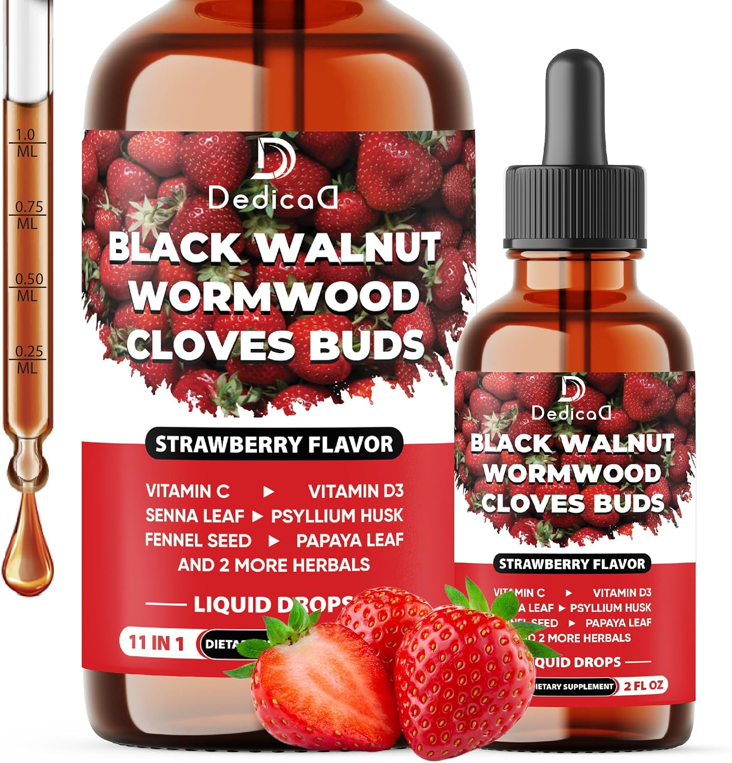 DEDICAD 11in1 Black Walnut Wormwood Cloves Liquid Drops - Strawberry Flavour, 60 ml (60 Days) - görsel 1