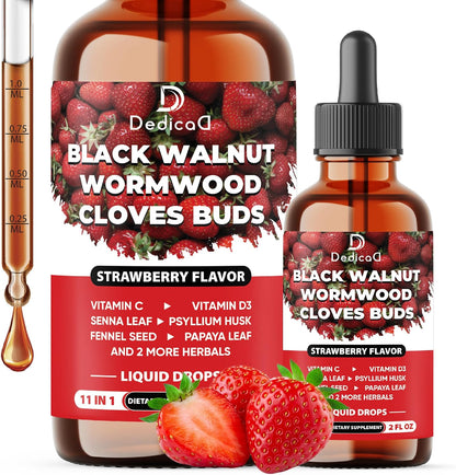 DEDICAD 11in1 Black Walnut Wormwood Cloves Liquid Drops - Strawberry Flavour, 60 ml (60 Days)