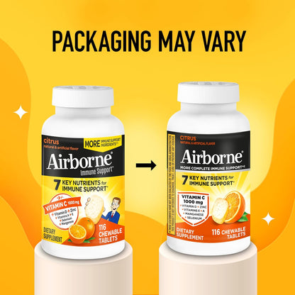Airborne Citrus Chewable Tablets, 116ct – Food Supplement with 1000mg Vitamin C, Vitamins A, D, E, Zinc, Selenium, Manganese, and Herbal Blend – Gluten-free