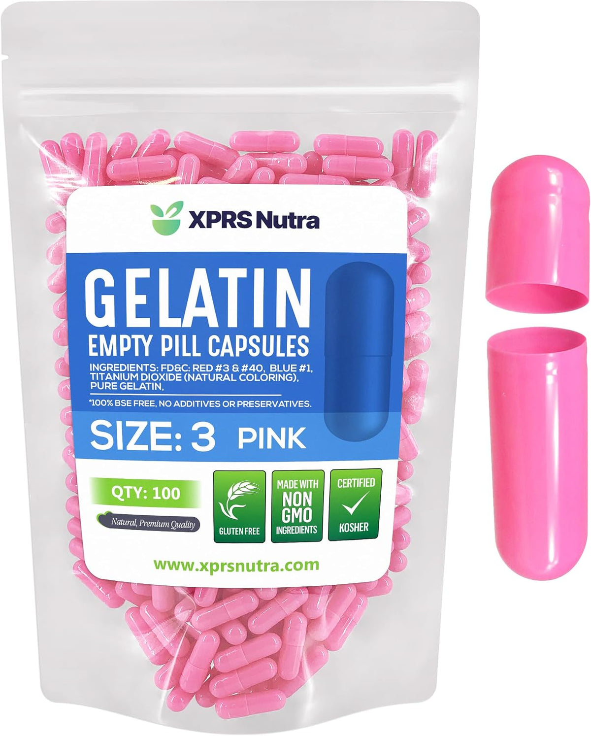 XPRS Nutra Size 3 Empty Gelatine Capsules - 100 Count (Pink) - görsel 1
