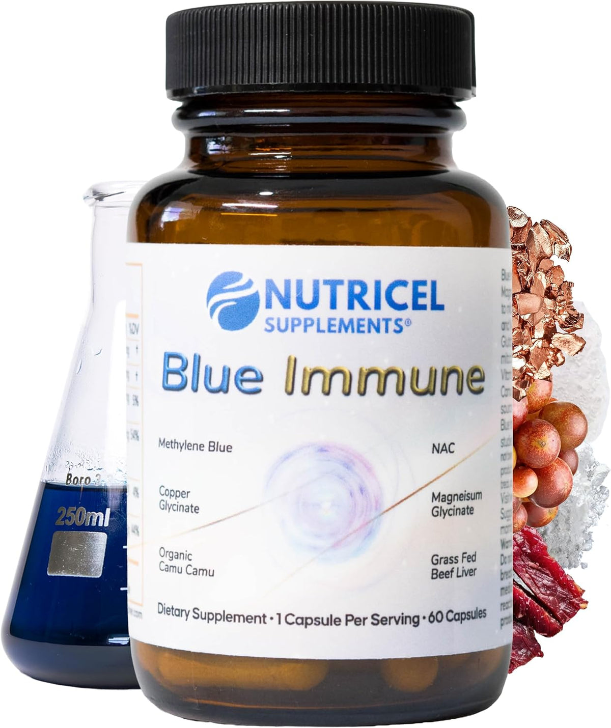 Nutricel Supplements Blue Immune 60 Capsules - Optimum Nootropic with USP Grade Methylene Blue, Grass-Fed Beef Liver, Copper, Magnesium, Vitamin A, E, and C - görsel 1