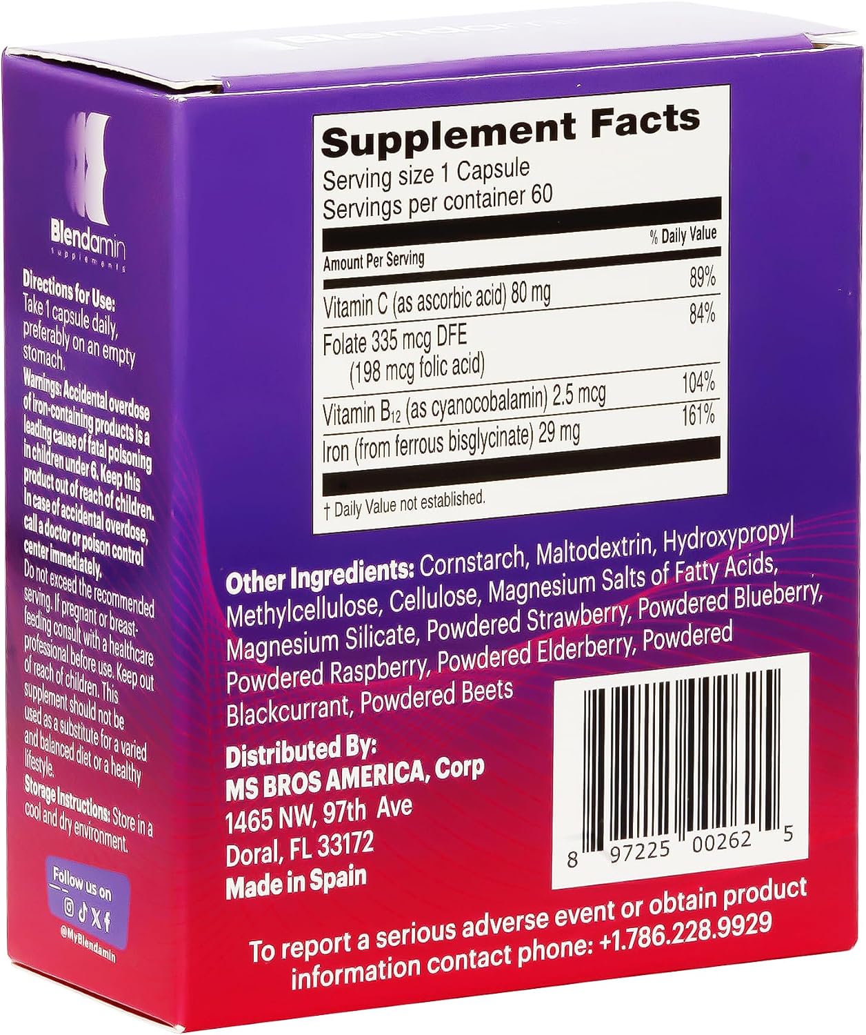 Blendamin Iron Ferrous Bisglycinate with Vitamins B12, Folic Acid & Vitamin C - 60 Capsules - görsel 4