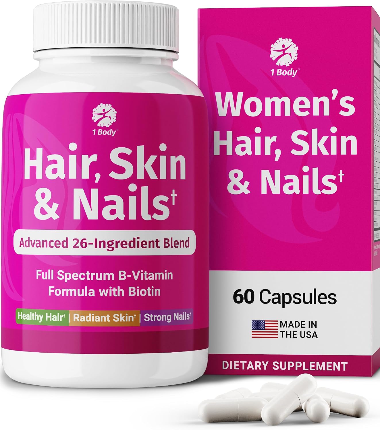1 Body Hair Skin & Nails with Biotin, Vegan Vitamins, 60 Capsules - görsel 1