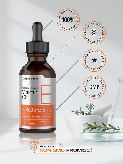 Horbäach Vitamin E Oil | 13,800 IU | 30 ml | for Face and Skin | Naturally Sourced Liquid Supplement | Vegetarian, Non-GM and Gluten-Free Formula