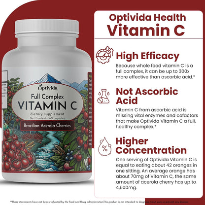 OPTIVIDA Health Acerola Cherry Vitamin C Capsules – 60-Day Supply