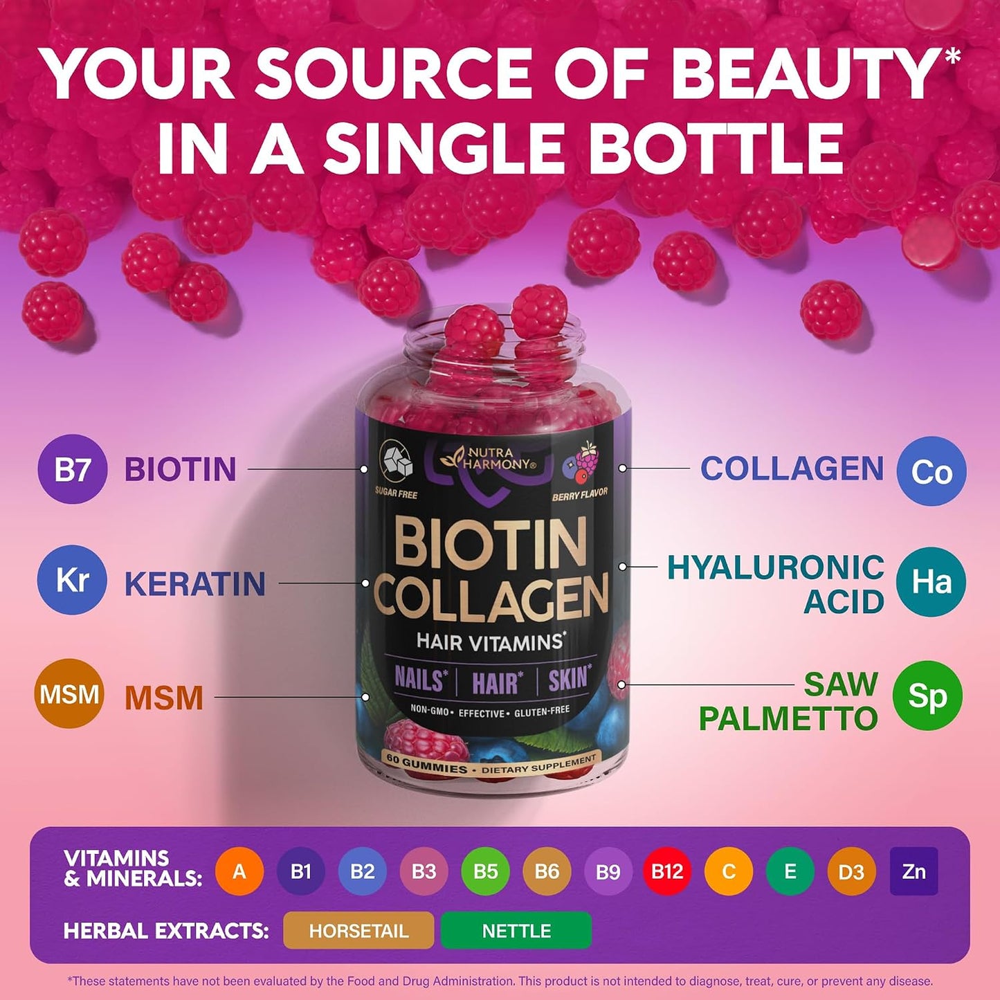 NUTRAHARMONY Biotin Gummies with Collagen - Hair, Skin and Nail Support - 10000mcg - Sugar-Free - Mixed Berry (2-Pack) - görsel 6