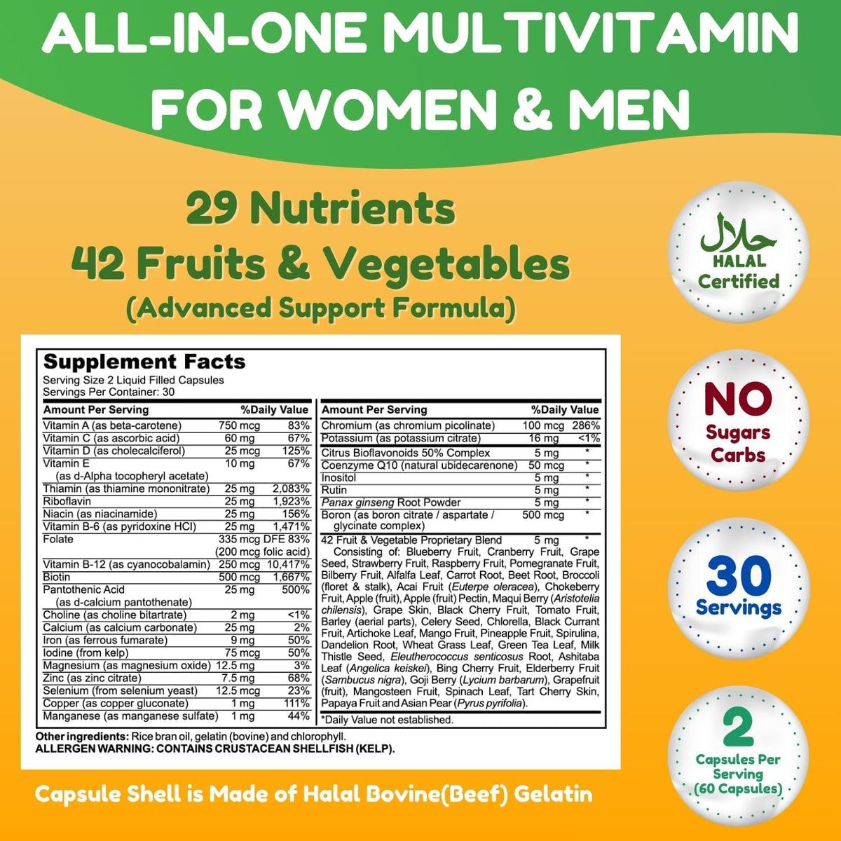 SHIFAA NUTRITION Halal Multivitamin for Women, Men & Adults – 30 Liquid Capsules with Iron, CoQ10, and 42 Fruits & Vegetables - görsel 2