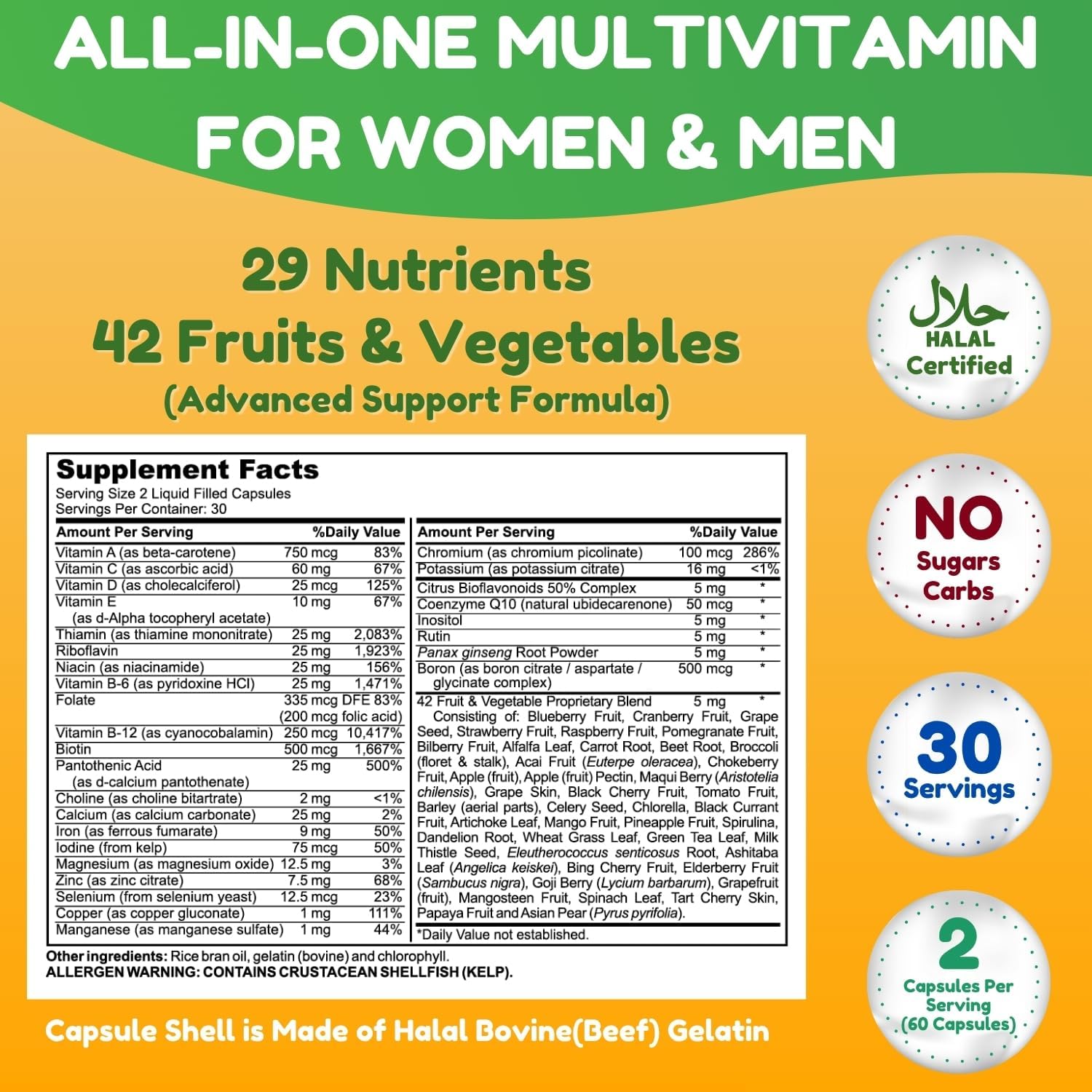 SHIFAA NUTRITION Halal Multivitamin for Women, Men & Adults – 30 Liquid Capsules with Iron, CoQ10, and 42 Fruits & Vegetables - görsel 2