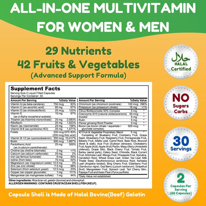 SHIFAA NUTRITION Halal Multivitamin for Women, Men & Adults – 30 Liquid Capsules with Iron, CoQ10, and 42 Fruits & Vegetables