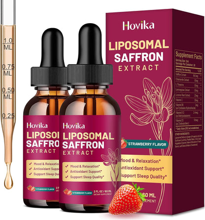 Liposomal Saffron Supplements - 88.5mg Saffron Extract Liquid Drops with L-Theanine, Chamomile, Vitamin C, B6, B12 & D3 for Antioxidant, Immune, Mood, Energy, Focus & Sleep - 60 ml Strawberry Flavour