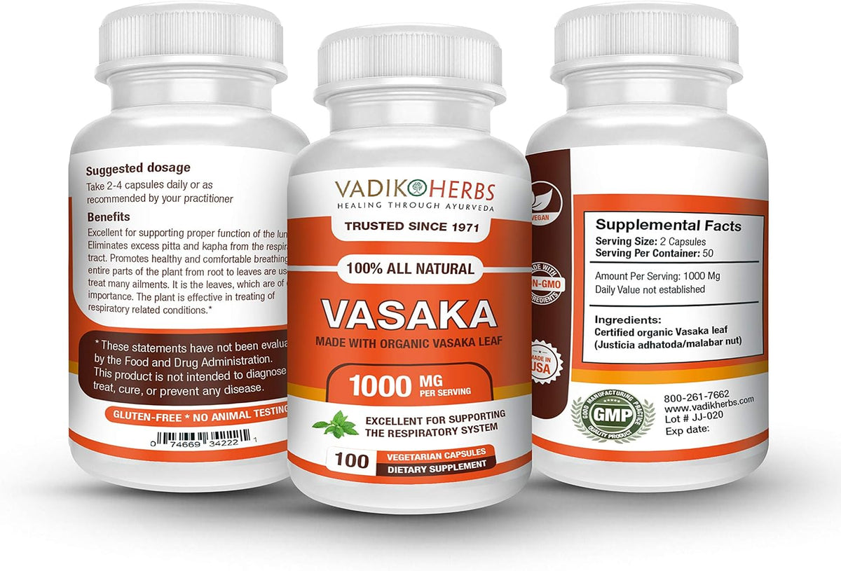 Vadik Herbs Certified Organic Vasaka (Vasaka) Powder - 100 Vegicaps - görsel 2