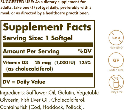 Solgar Vitamin D3 1000 IU Softgels - 100 Softgels