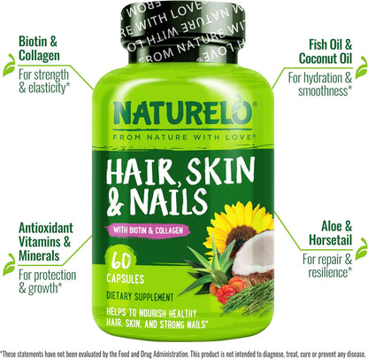 NATURELO Hair, Skin and Nails Vitamins – 5000 mcg Biotin, Collagen, Natural Vitamin E – 60 Capsules