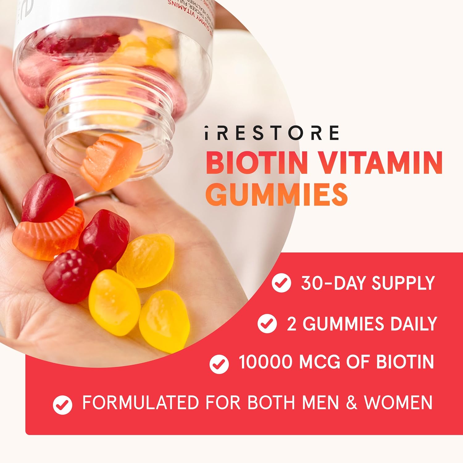 iRestore Hair Gummy Vitamins - Vegan Biotin Gummies for Hair, Skin and Nails with 10,000mcg Biotin, Vitamins E & C, Coconut Oil, Turmeric (3-Pack) - görsel 2