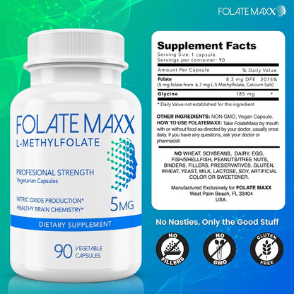 FolateMaxx L-Methylfolate 5mg, 90 Capsules – Active 5-MTHF Supplement for Energy, Psychological Function & Focus
