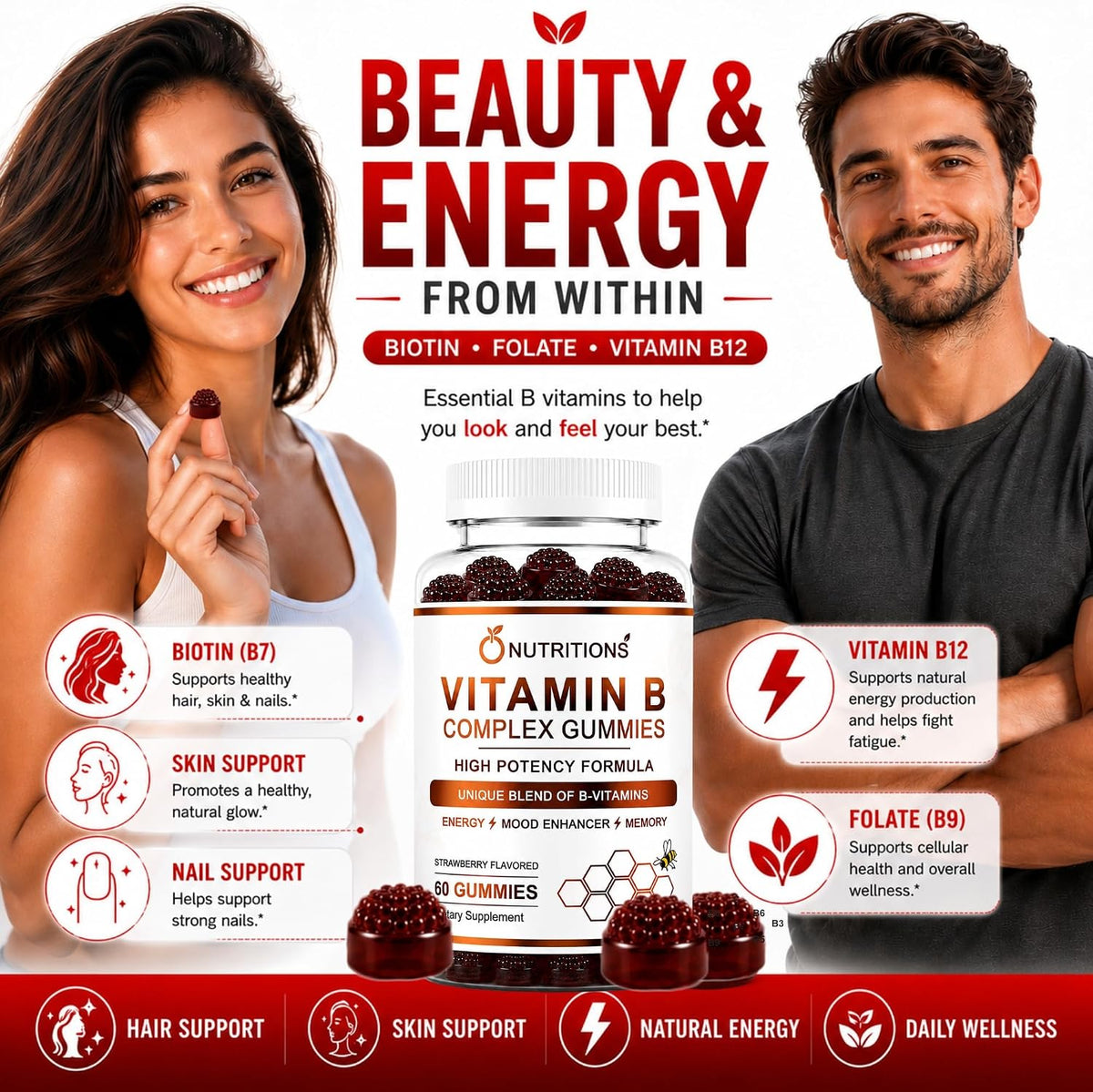 O Nutritions Vitamin B Complex Gummies for Women and Men - B12, Biotin, Folate, Vitamin C - Energy, Mood and Memory Support - Hair, Skin and Nails - Vegan Strawberry Gummies, 60 Count - görsel 6