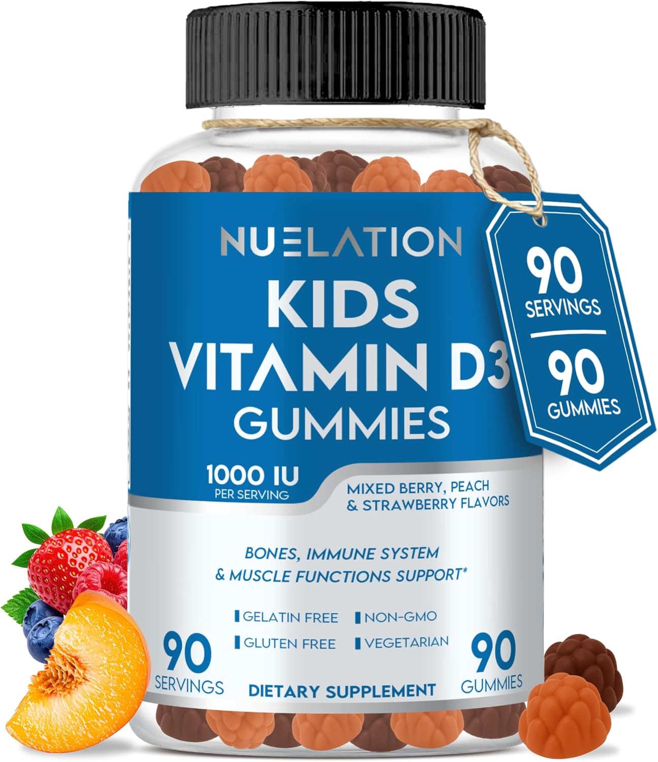 Vitamin D3 Gummies for Children 1000 IU - 90 Servings - Vegetarian Vitamin D for Kids, Toddlers & Teens - Contributes to Normal Bones, Teeth, Immune System & Muscle Function* - Gelatine Free, Gluten-free, Non-GM - görsel 1