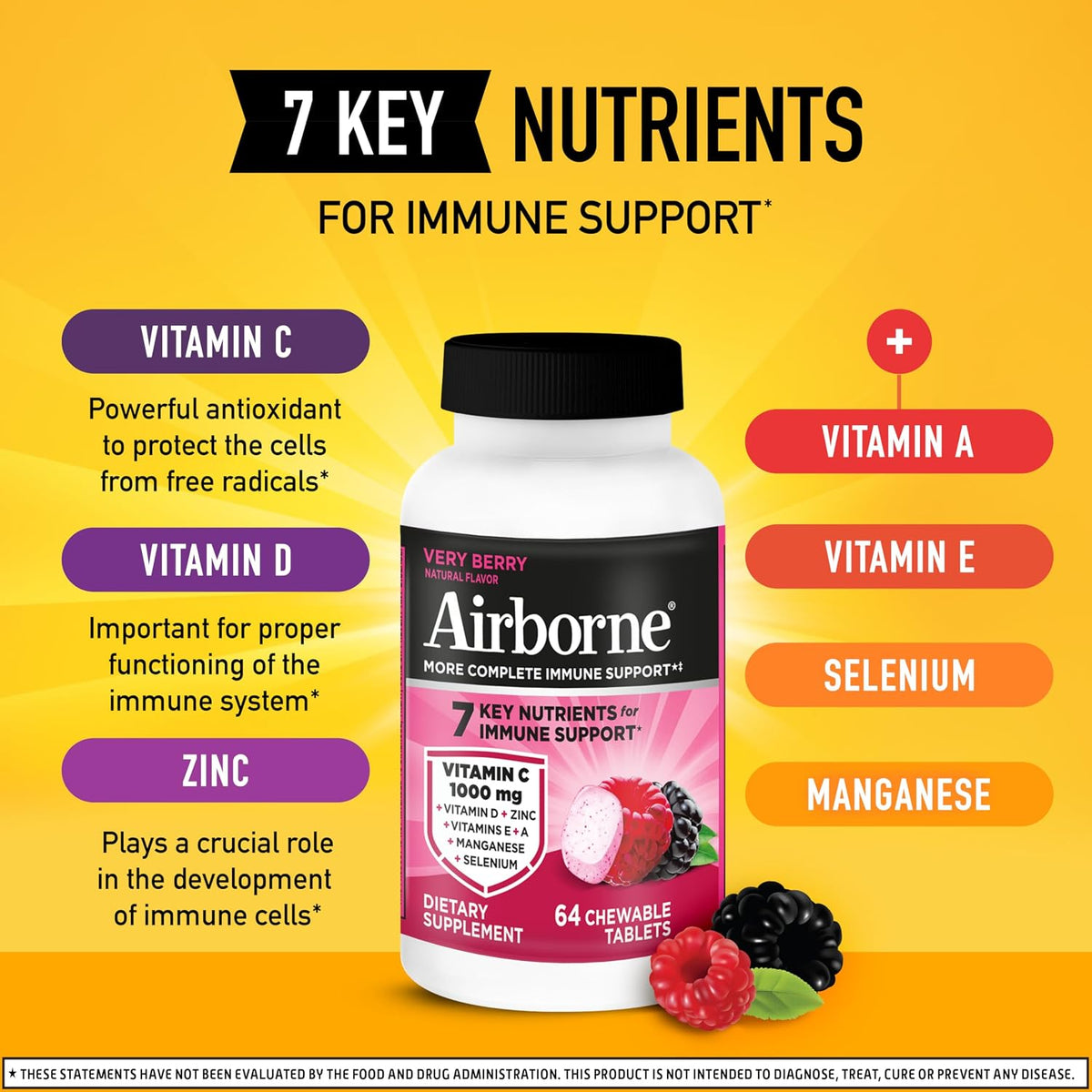 Airborne Berry Chewable Tablets - 64 Tablets - 1000mg Vitamin C Immune Support - görsel 3