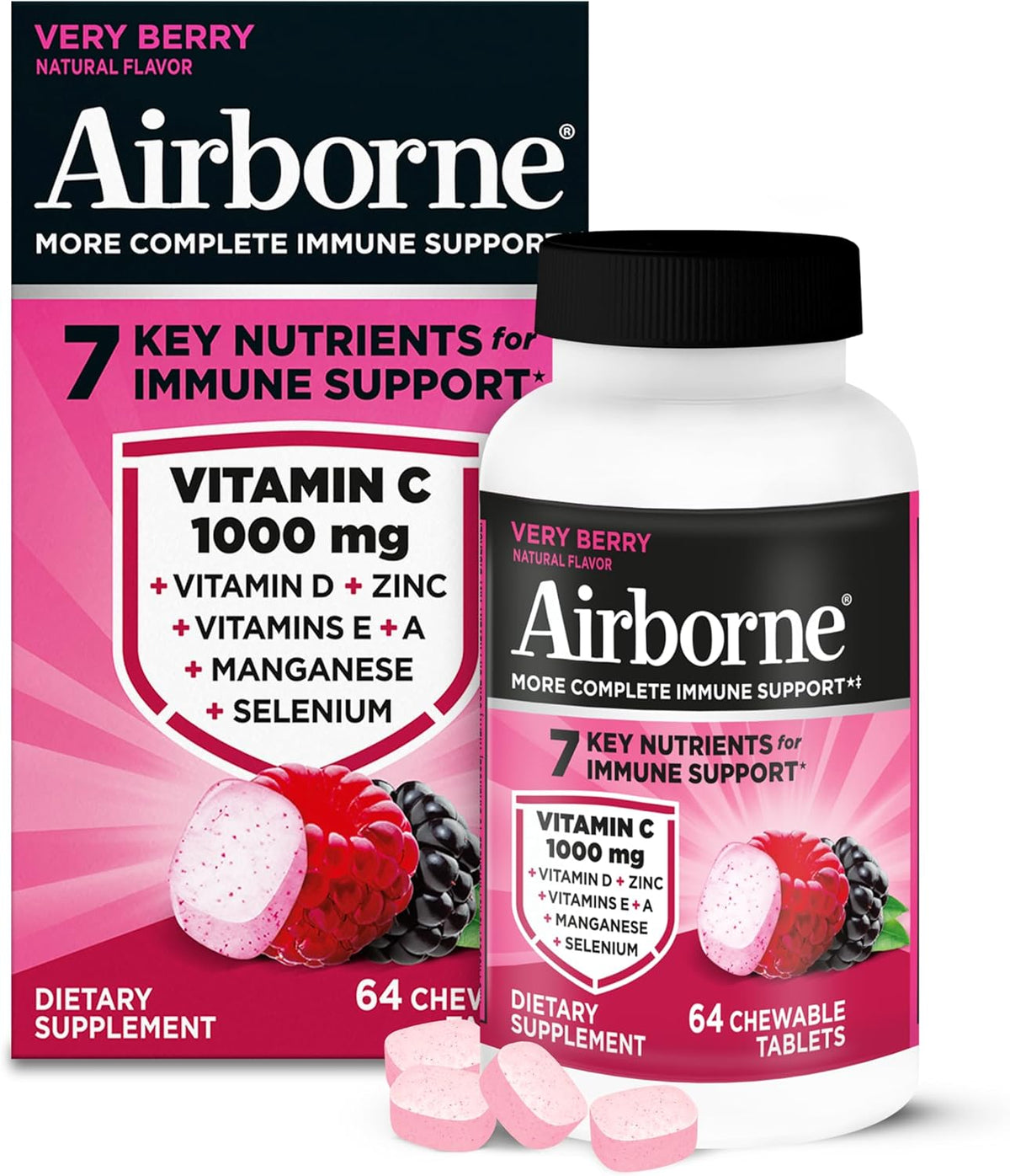 Airborne Berry Chewable Tablets - 64 Tablets - 1000mg Vitamin C Immune Support - görsel 1