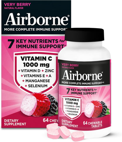 Airborne Berry Chewable Tablets - 64 Tablets - 1000mg Vitamin C Immune Support