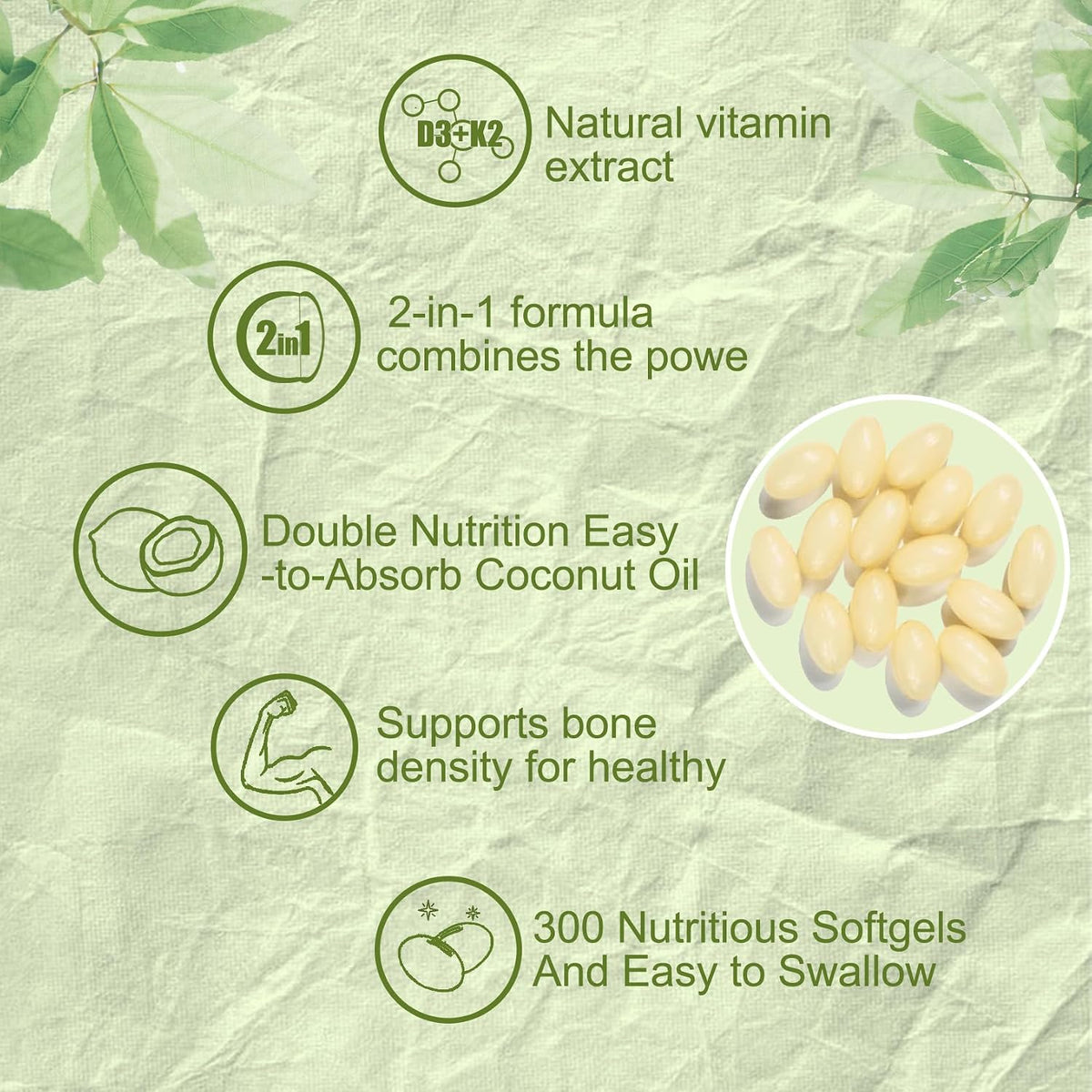 300 Pcs 2 in 1 Vitamin D3 10000 IU Plus K2 (MK-7) 200 mcg, Coconut Oil Soft gel capsules with Vitamins D & K - görsel 4