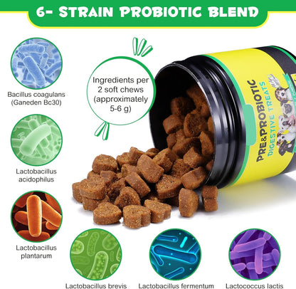 Probiotics for Dogs - 120 Soft Chews - Digestive & Immune Support with Prebiotics & Enzymes - Duck Flavour