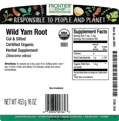 Frontier Co-op Wild Yam Root, Cut and Sifted, Certified Organic, Kosher - 1 lb (454 g) Bulk Bag