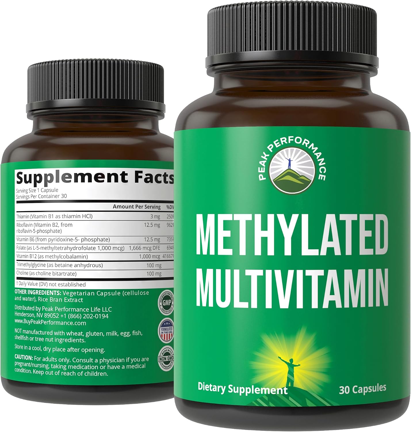Peak Performance Methylated Multivitamin B Complex – L Methylfolate, Methylcobalamin, TMG | Vegan MTHFR Supplement - görsel 1
