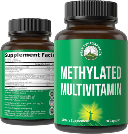 Peak Performance Methylated Multivitamin B Complex – L Methylfolate, Methylcobalamin, TMG | Vegan MTHFR Supplement