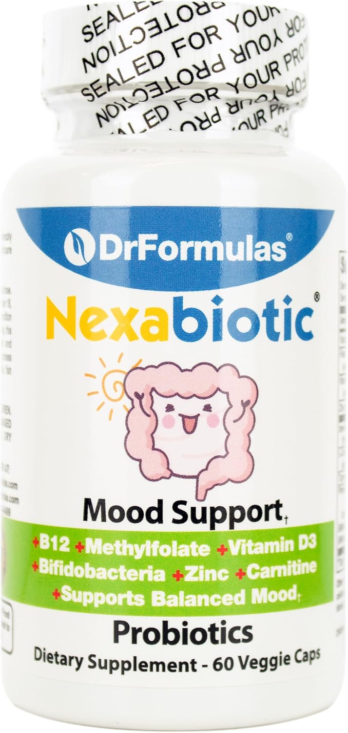 DrFormulas Mood Boost Probiotics for Stress and Calm, Methylfolate for Kids, Women, Men | Nexabiotic Supplement with Bifidobacterium and B-12, 60 Count - görsel 1