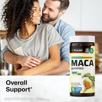 BIO KRAUTER Maca Root Gummies - Black, Red & Yellow Maca Supplement 1800 mg for Vitality & Stamina - 90 Gummies, 45-Day Supply, Non-GMO, Banana Flavour
