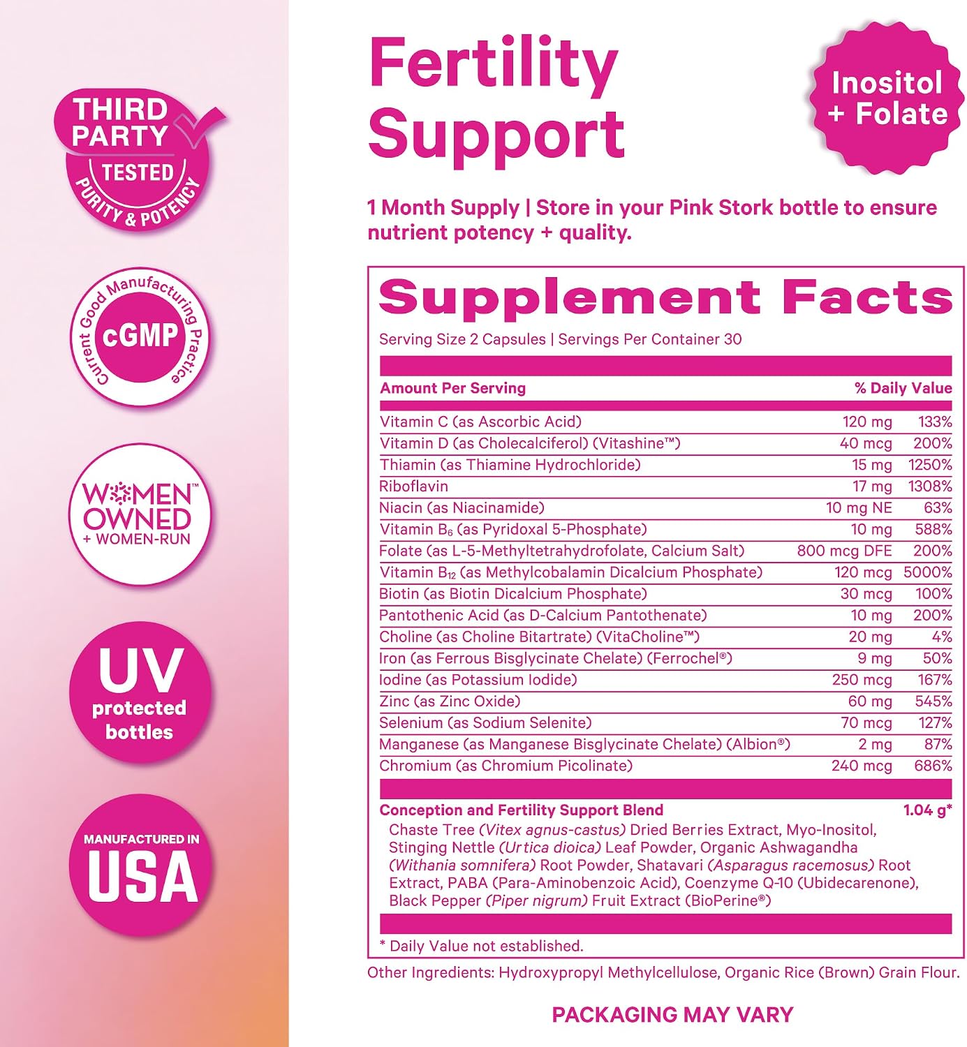 Pink Stork Fertility Supplements for Women, 60 Capsules | 2-in-1 Conception Support + Prenatal, Inositol, Folate + CoQ10, Cycle Regularity, Hormonal Balance, Reproductive Wellness - görsel 6