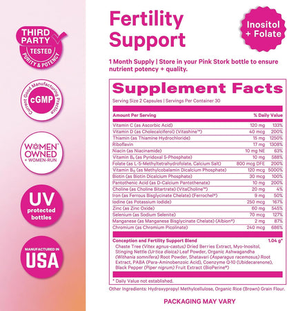 Pink Stork Fertility Supplements for Women, 60 Capsules | 2-in-1 Conception Support + Prenatal, Inositol, Folate + CoQ10, Cycle Regularity, Hormonal Balance, Reproductive Wellness