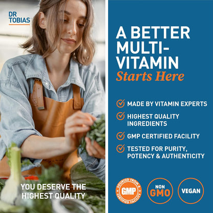 Dr. Tobias Adult Multivitamin for Women & Men – Immune Supporting Vitamins from 42 Fruits, Vegetables, Plus Probiotics, Vegan, Non-GMO (90 Tablets)
