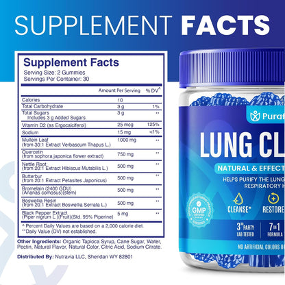 Purafina Lung Cleanse Gummies - 7-in-1 Respiratory and Lung Health Support with Organic Mullein Leaf Extract, Quercetin, Nettle Root, Boswellia, Bromelain - Non-GMO (60 Gummies)