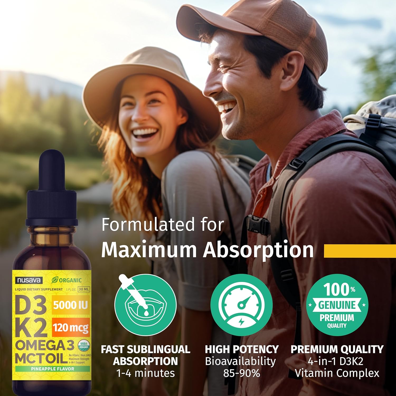 (2 Pack) Organic Vitamin D3 and K2 Drops with MCT Oil and Omega 3 - Liquid Vitamin D3 5000 IU - D3 K2 Supplement for Men and Women - No Fillers, Non-GMO, GMP, Pineapple Flavour (2 fl oz) - görsel 7